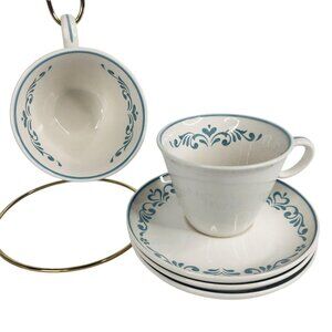 1960s Franciscan Blue Fancy 2 Coffee Cups 3 Saucer Whitestone Ware VTG Set White
